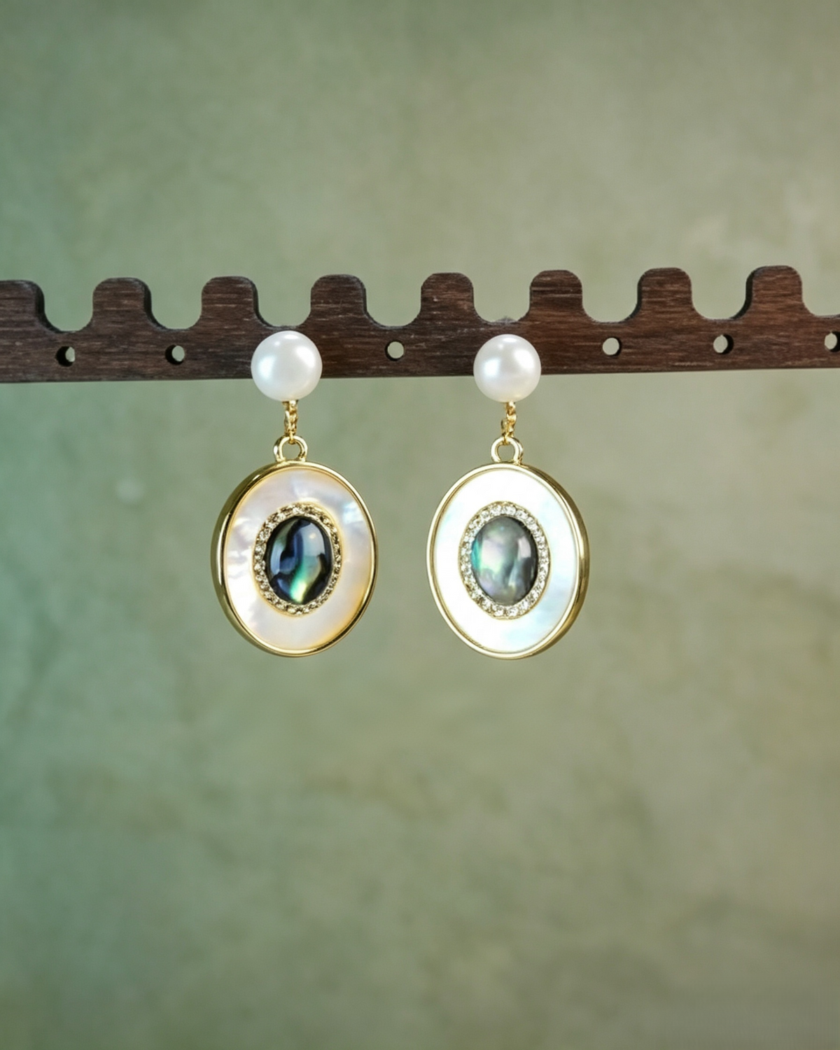 Vintage Oval Abalone Shell & Freshwater Pearl Drop Earrings