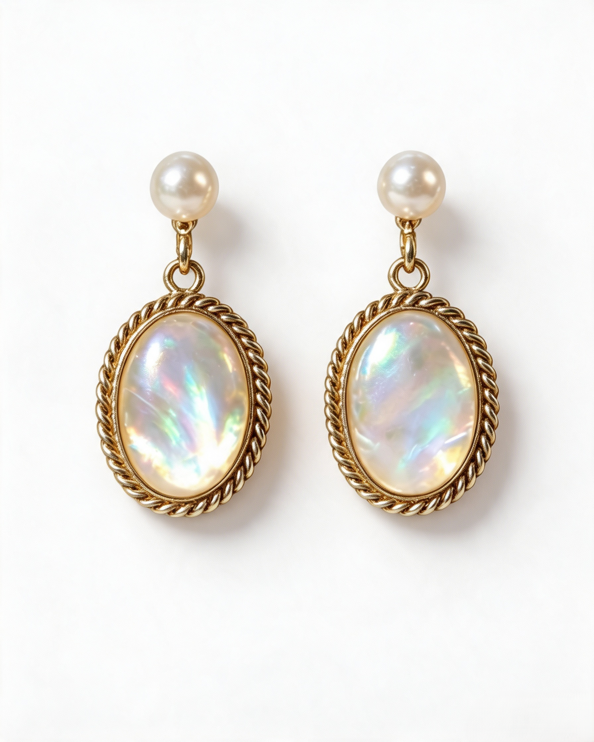 Vintage Twisted Rope Frame Mother‑of‑Pearl & Freshwater Pearl Drop Earrings