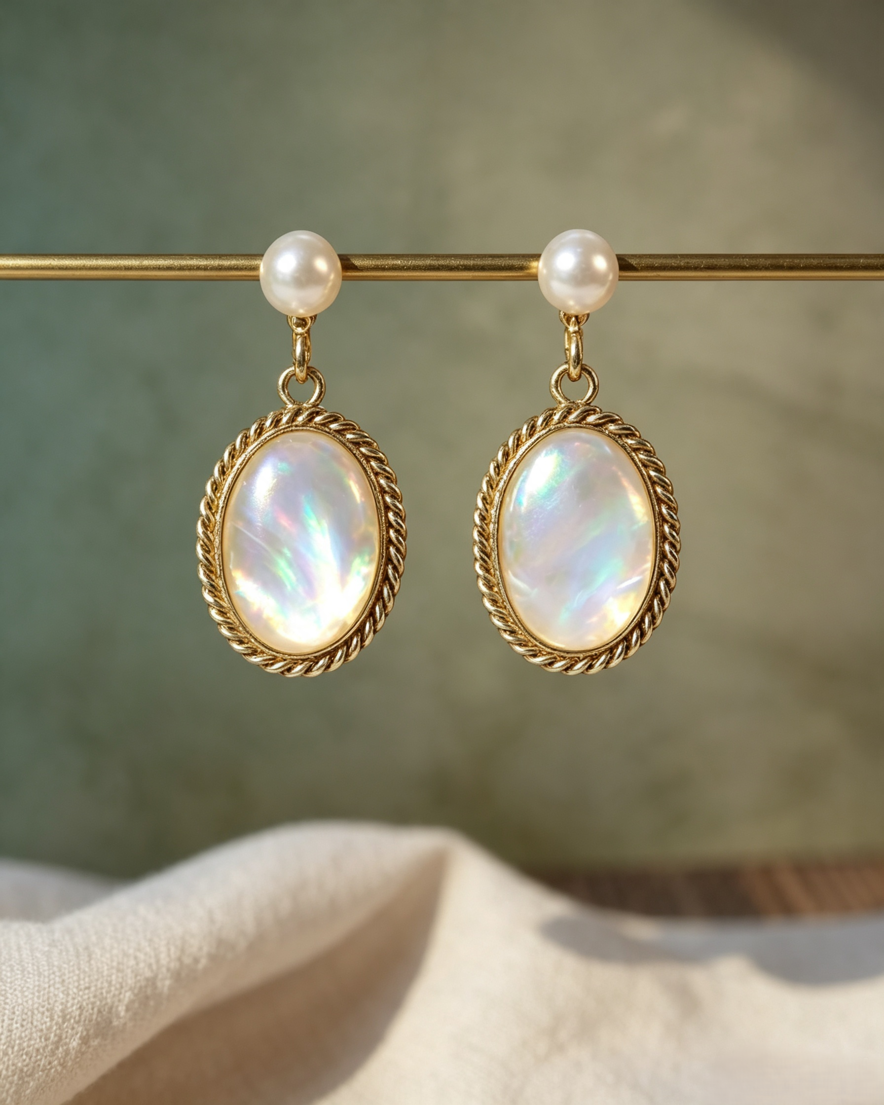 Vintage Twisted Rope Frame Mother‑of‑Pearl & Freshwater Pearl Drop Earrings