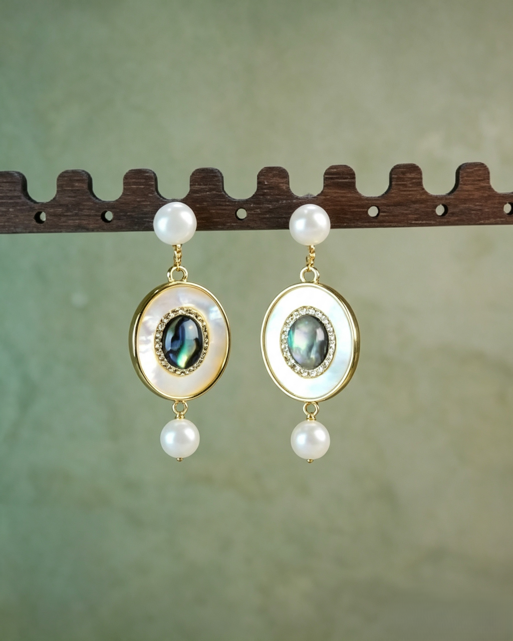 Vintage Oval Abalone Shell & Freshwater Pearl Drop Earrings