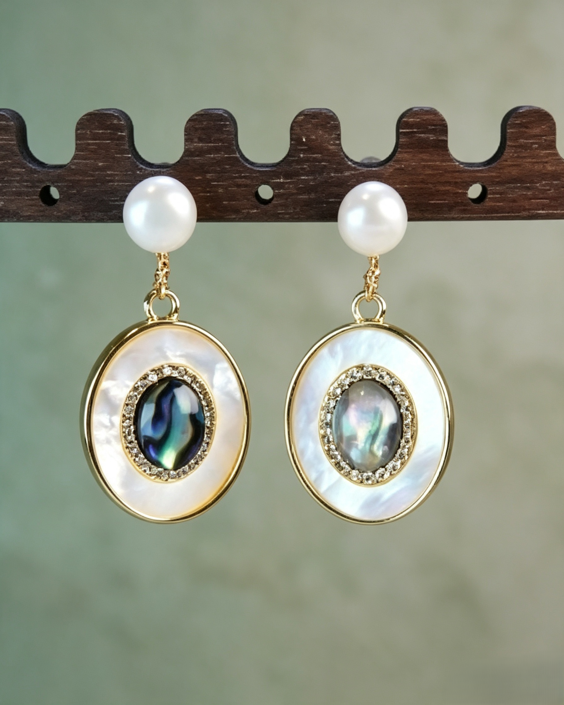 Vintage Oval Abalone Shell & Freshwater Pearl Drop Earrings