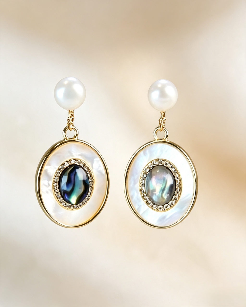 Vintage Oval Abalone Shell & Freshwater Pearl Drop Earrings