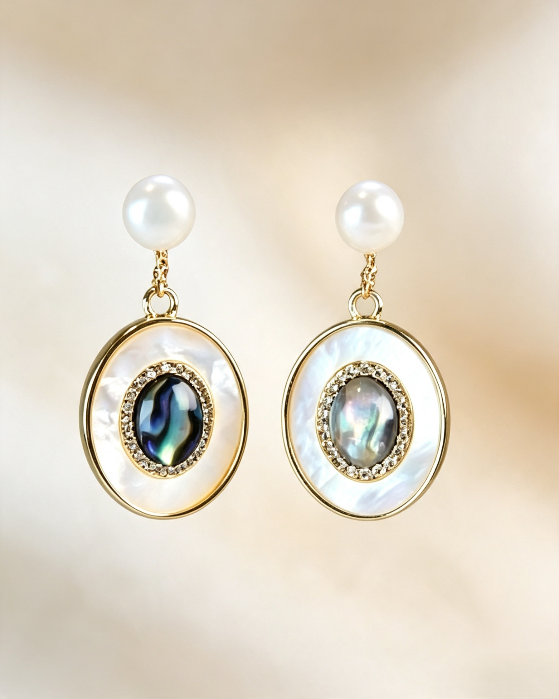 Vintage Oval Abalone Shell & Freshwater Pearl Drop Earrings