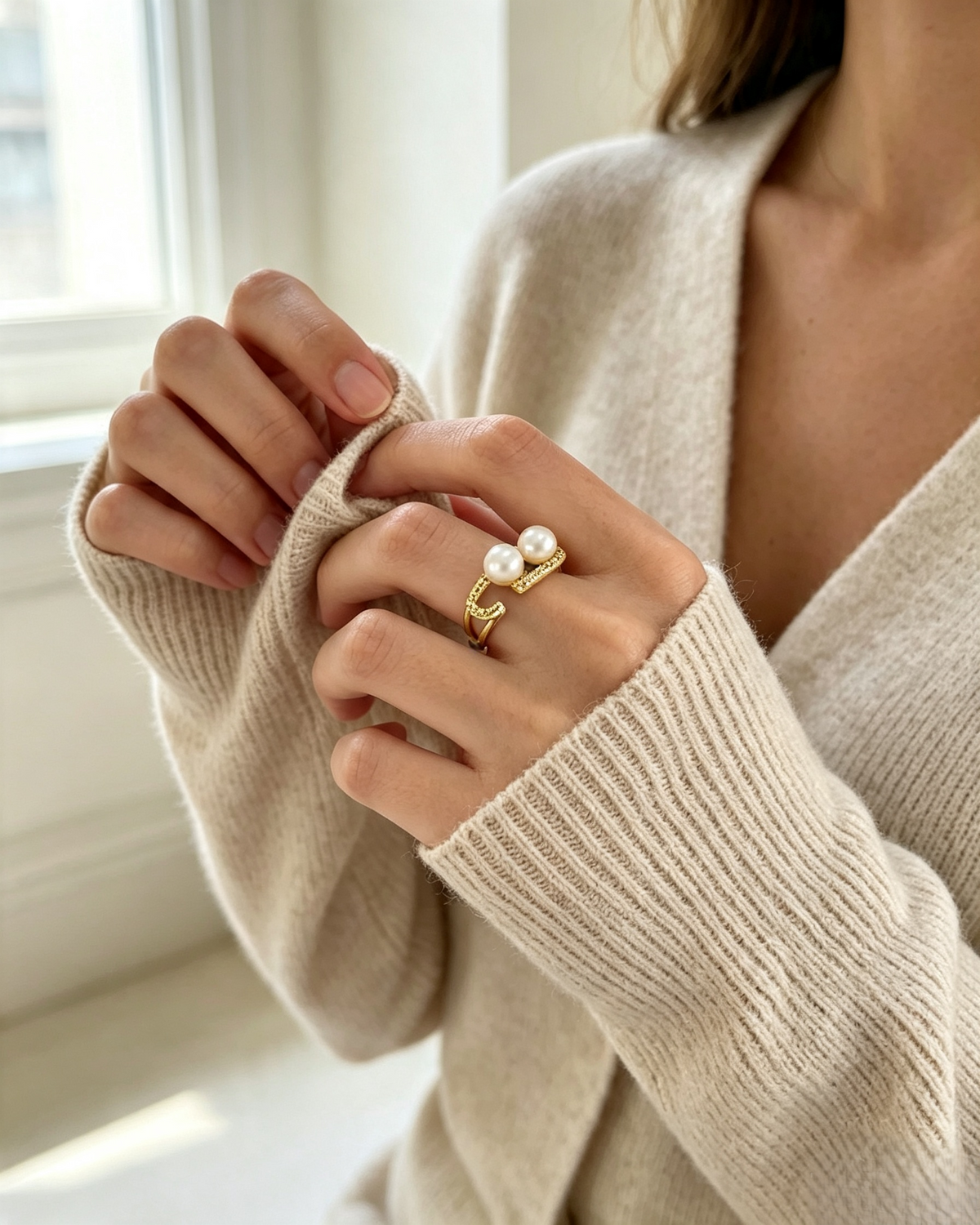 Minimalist Freshwater Pearl Ring, Adjustable Gold-Plated Band