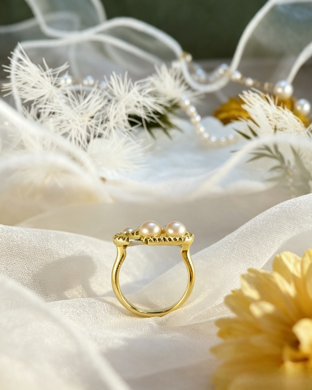 Quiet Luxury Freshwater Pearl Ring, Adjustable Gold-Plated Micro-Crystal Band, Minimalist Elegant Jewelry for Daily & Date Wear