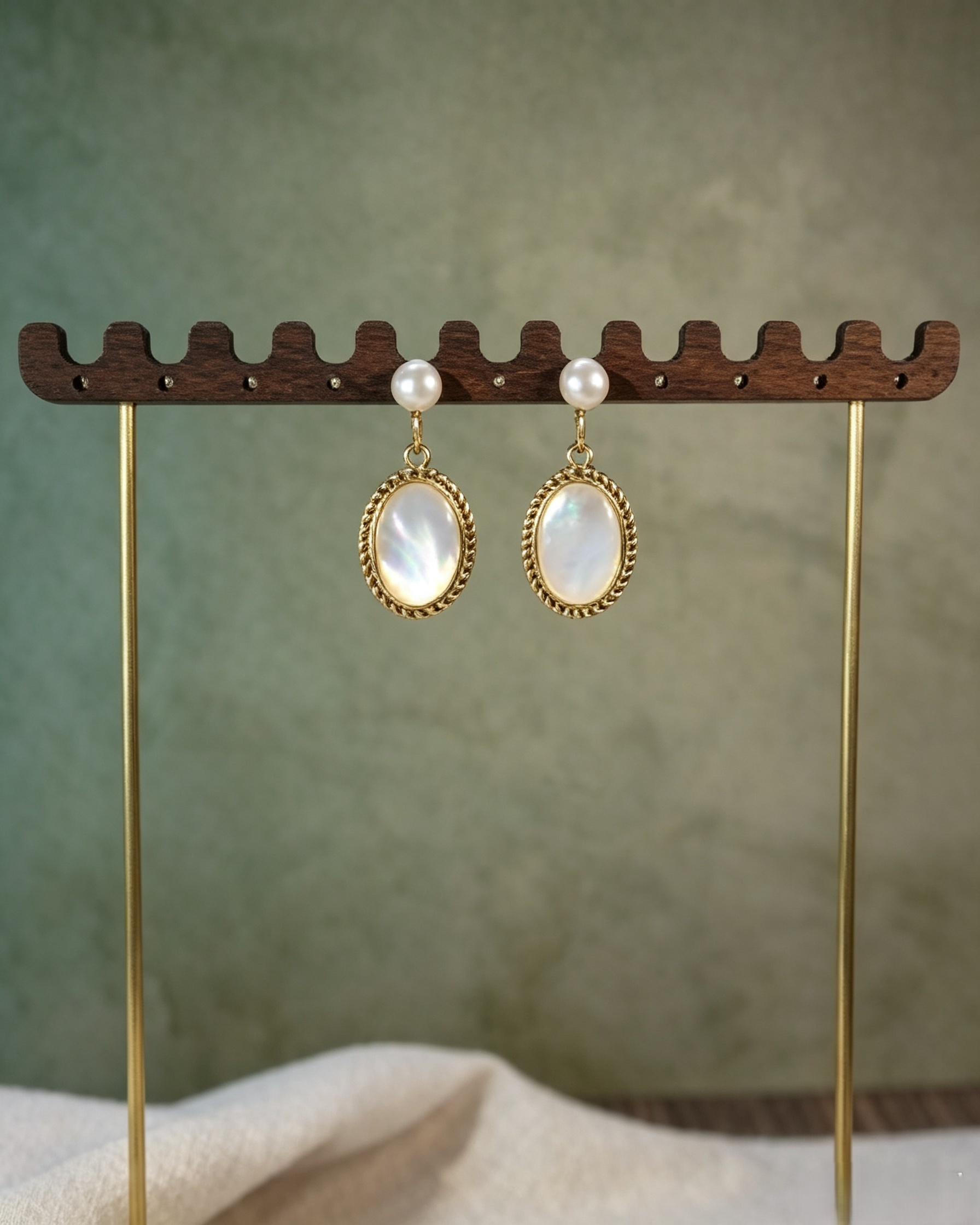 Vintage Twisted Rope Frame Mother‑of‑Pearl & Freshwater Pearl Drop Earrings
