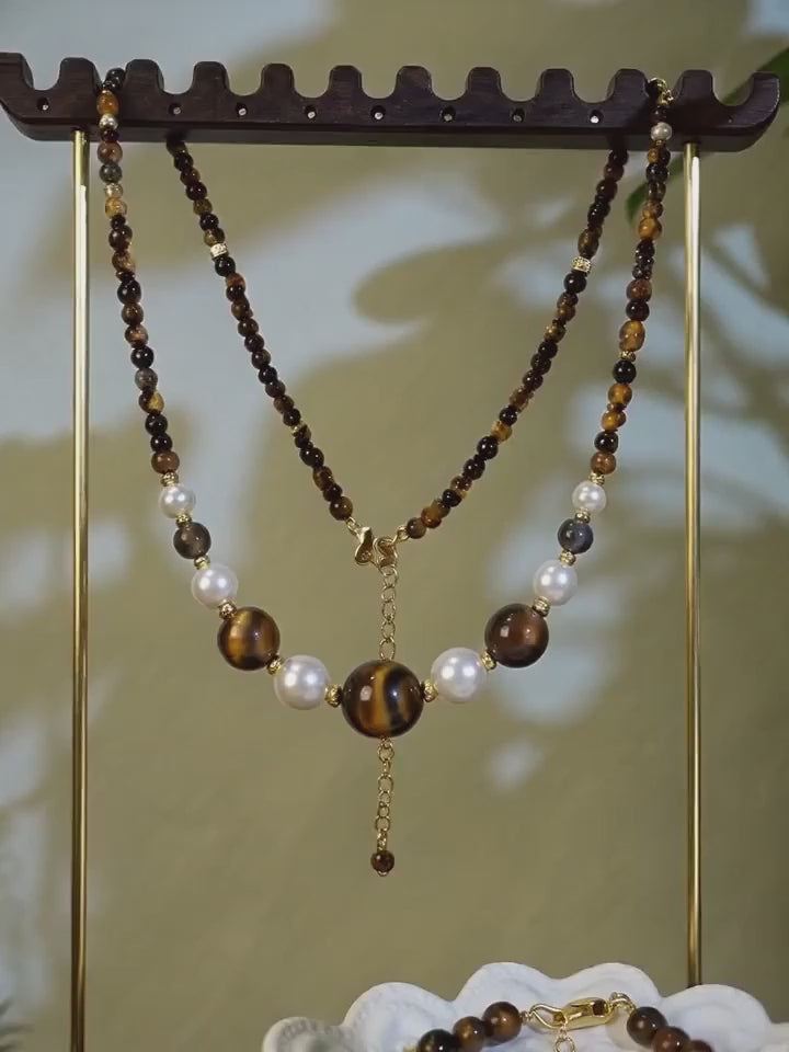 Tiger Eye & Pearl Layered Jewelry Set
